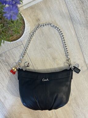 Coach Vintage Black Leather Shoulder Bag with Silver Chain Strap and Charm